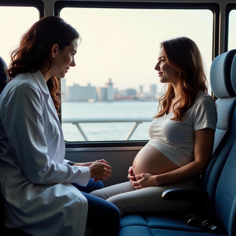 Pregnant woman consulting with her doctor about bus travel safety.