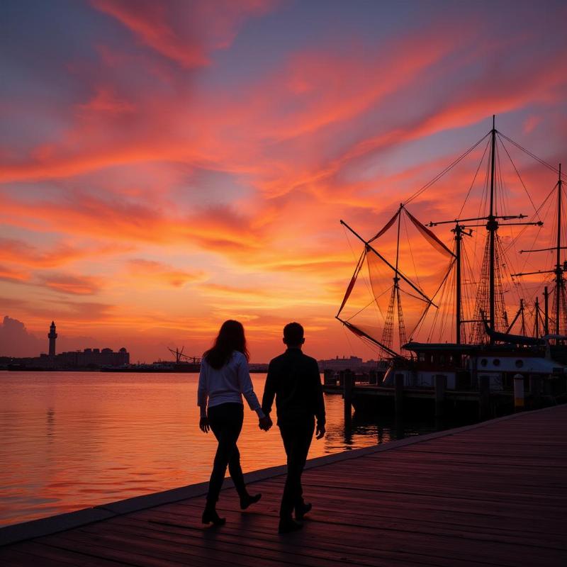 Couple walking hand-in-hand along Princess Street promenade at sunset in Kochi