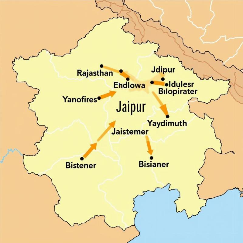 Rajasthan Tourism Map Showing Key Cities and Distances