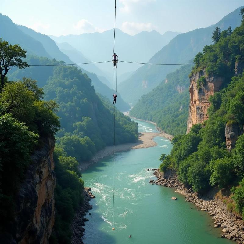 Bungee jumping in Rishikesh with the Ganges River in the background