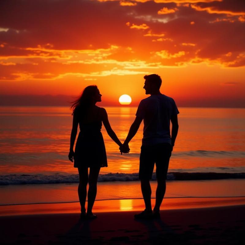 Romantic couple watching the sunset on a beach