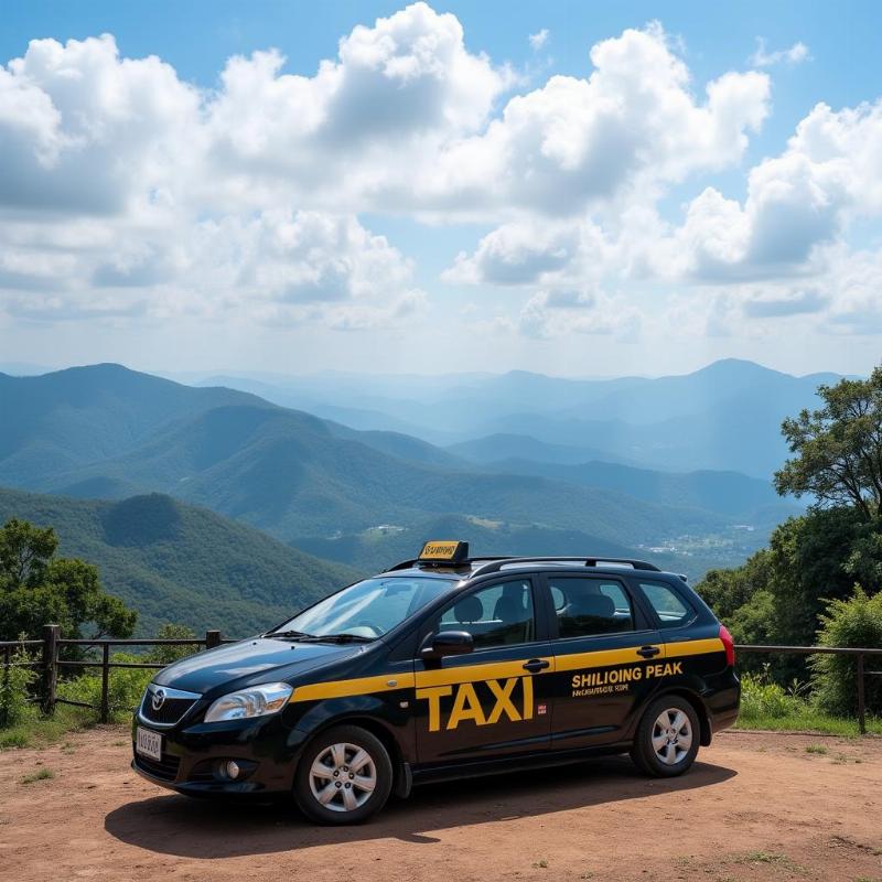 Shillong taxi parked at Shillong Peak viewpoint with panoramic views in the background.