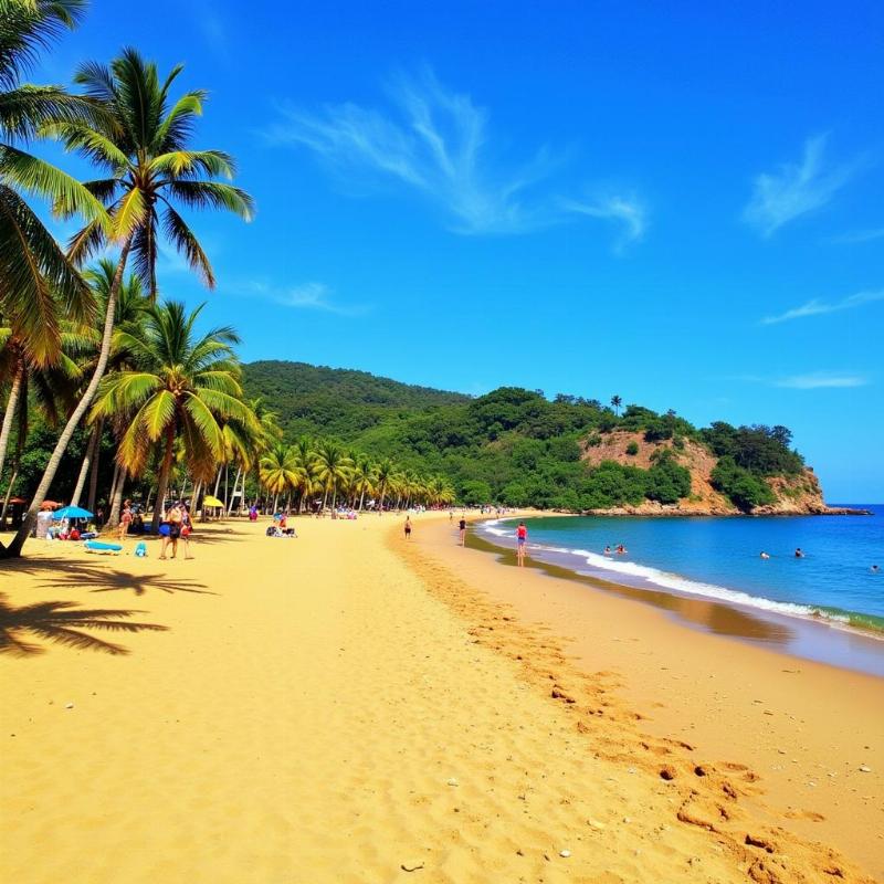 Silvassa Beach Vapi: Relaxing on the shore with clear blue waters and palm trees in the background.