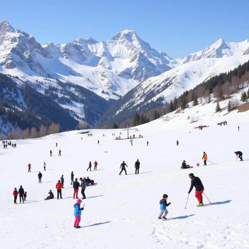 Tourists enjoying snow activities like skiing and zorbing in Solang Valley, Manali.