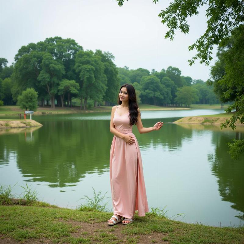 Telibandha Talab Raipur Nature Photoshoot: A model poses by the serene waters of Telibandha Talab, surrounded by lush greenery, capturing the tranquil beauty of the location.