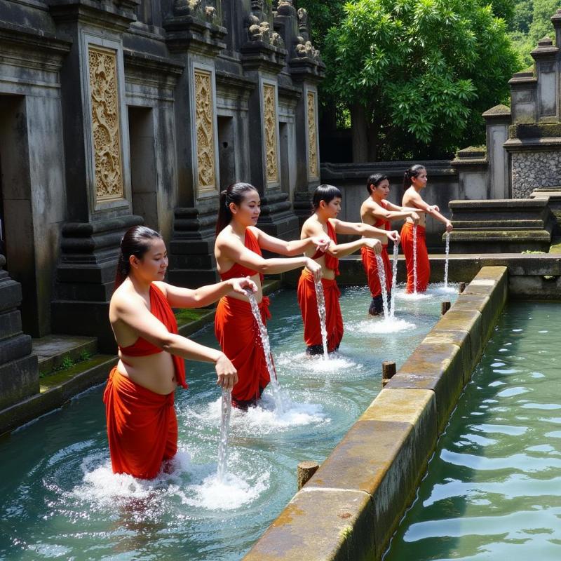 Balinese Hindu people performing the cleansing ritual at Tirta Empul Temple