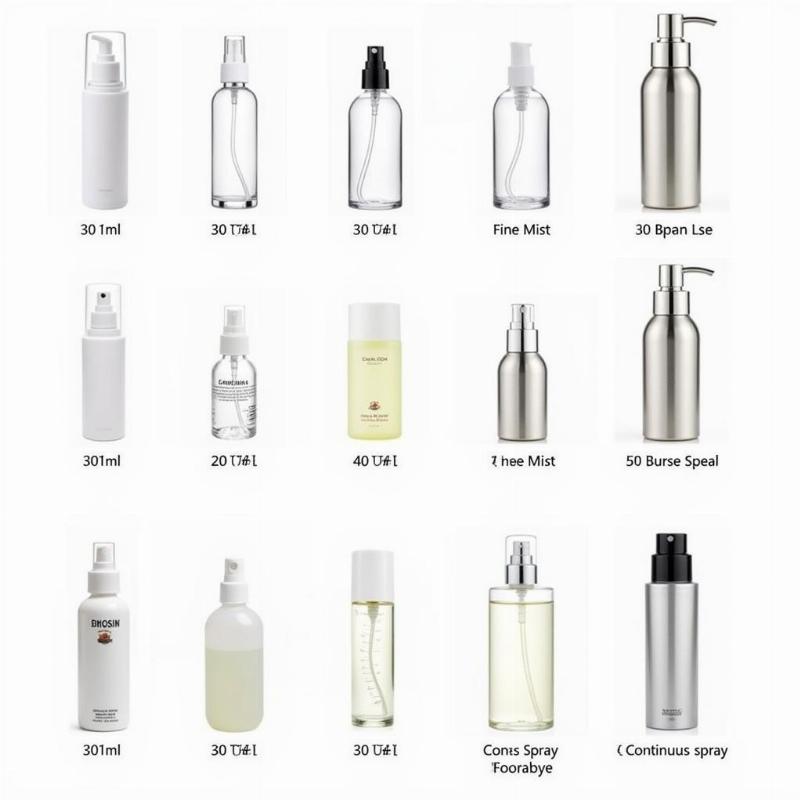 Various travel spray bottle types and sizes