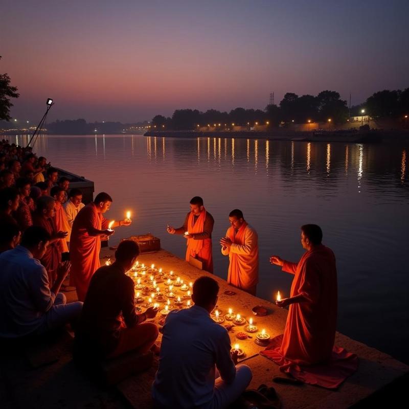 Evening Yamuna Aarti ceremony on the banks of the Yamuna River in Vrindavan