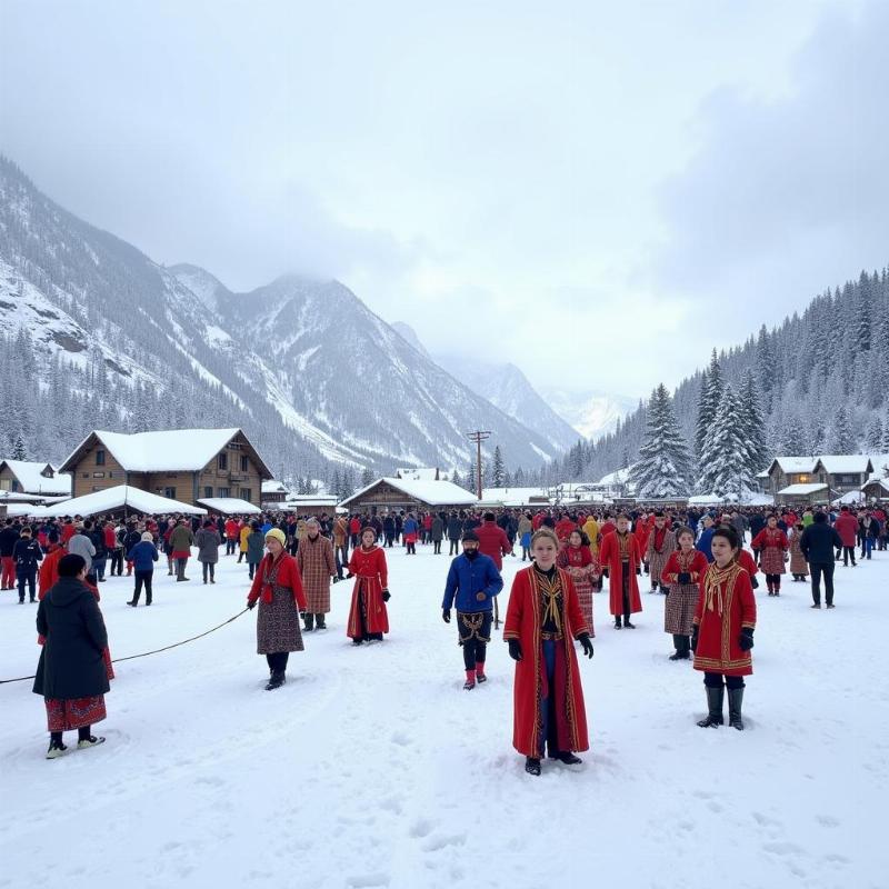 Snow covered Mechuka Valley during Winter with local festival activities