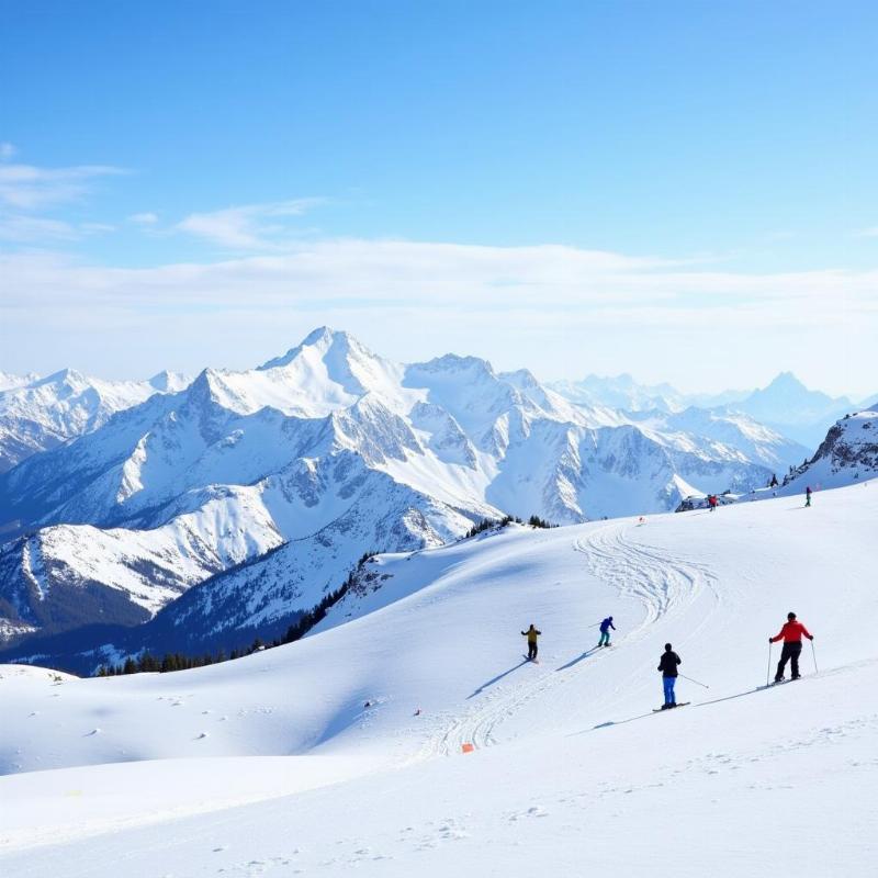 Winter Wonderland in February: Snow-capped mountains with skiers