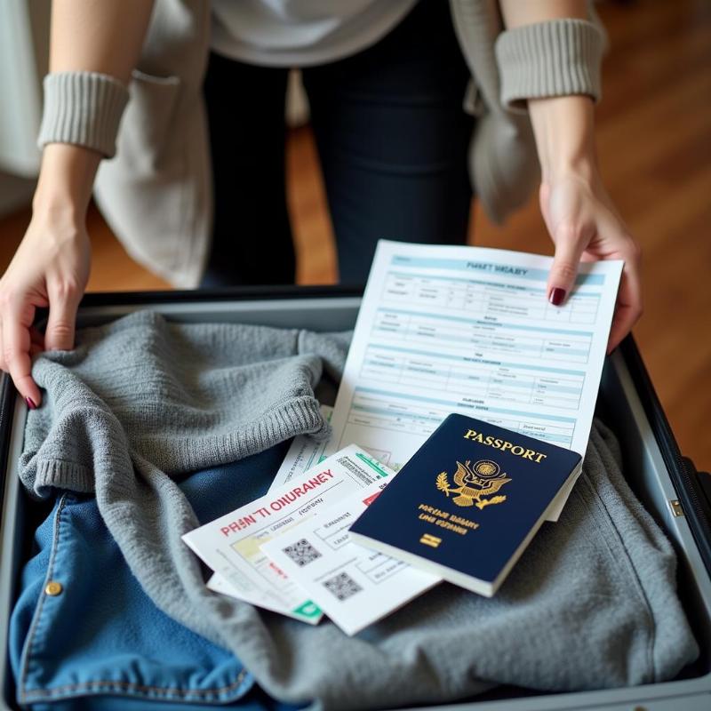 Woman Packing Luggage with Travel Insurance Documents