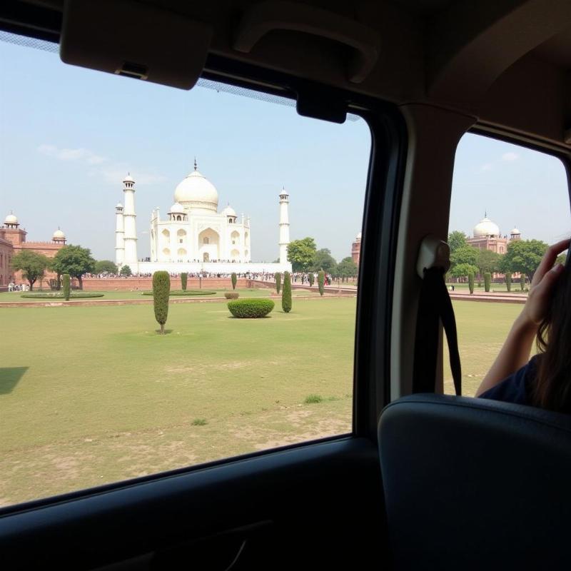 Taj Mahal view from a car during Agra one day tour