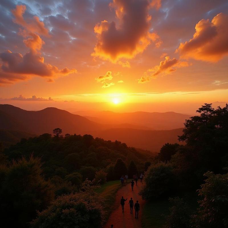 Agumbe Sunset Point: Panoramic view of the setting sun over the lush green Western Ghats.