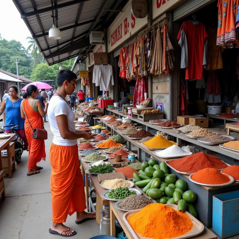 A bustling local market in the Andaman and Nicobar Islands, showcasing local produce, handicrafts, and cultural items.