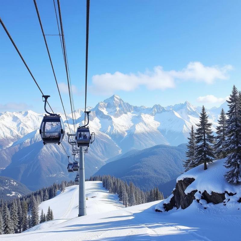 Auli Ropeway with snow-covered peaks