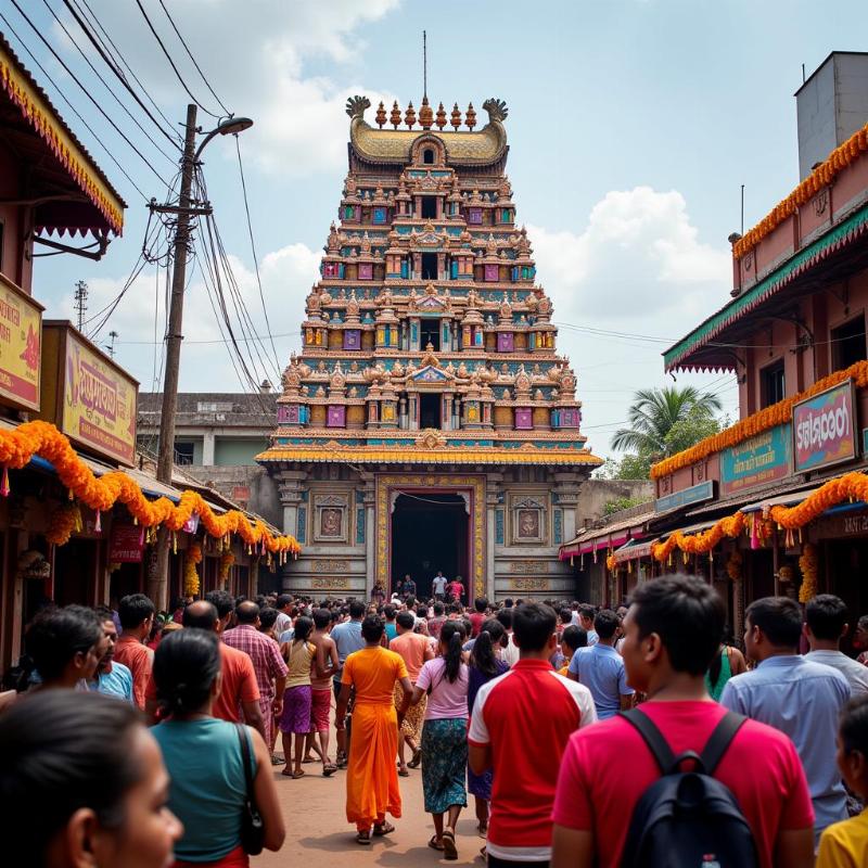 Bannari Amman Temple festival with vibrant decorations and devotees