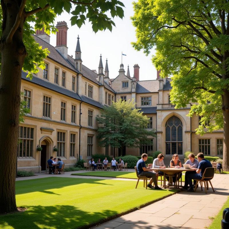 Cambridge University students studying in a courtyard