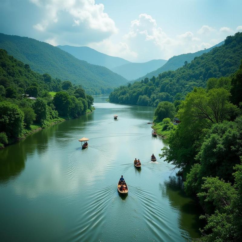 Chaliyar River Nilambur: A serene view of the Chaliyar River flowing through the lush greenery of Nilambur, with traditional boats.