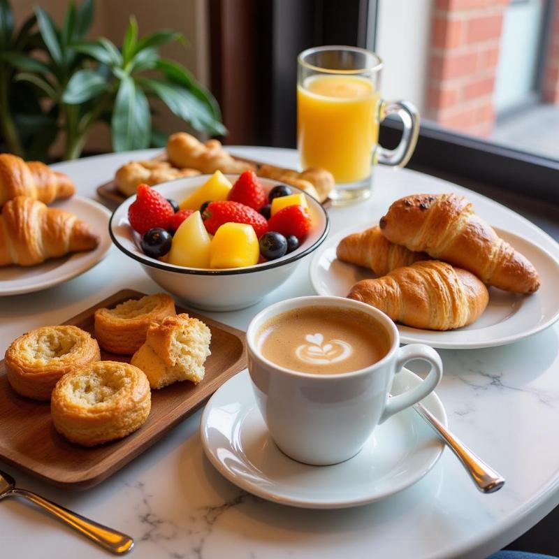 Continental breakfast spread at a cafe in Andheri, featuring croissants, pastries, fruit salad, and coffee.