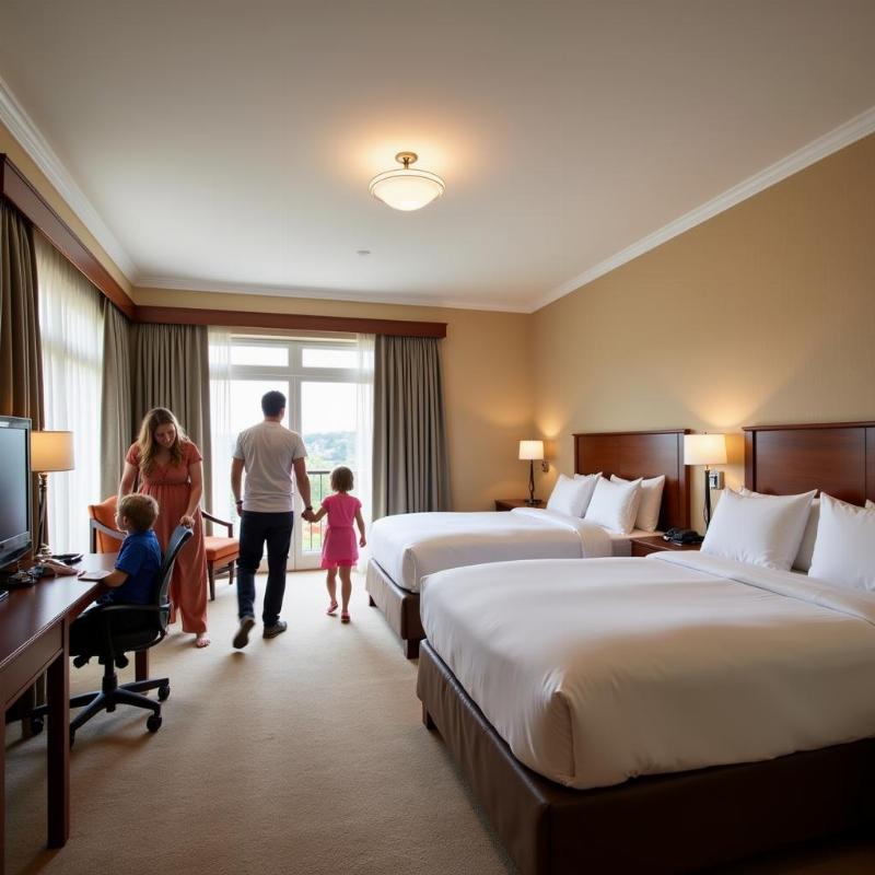 Family in hotel room with separate beds for children