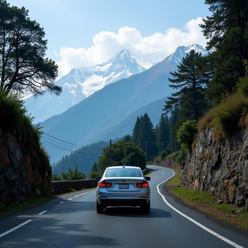 A car driving through the scenic mountain roads of Darjeeling.