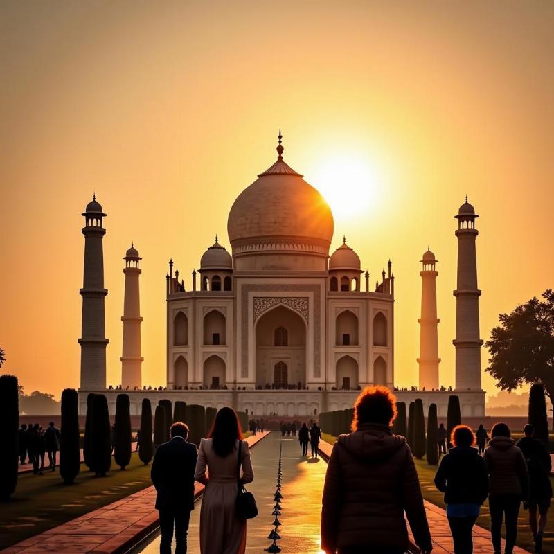 Taj Mahal at sunrise with tourists