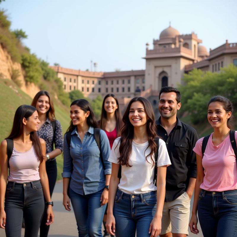 A group of happy tourists with Dharti Travels Surat, exploring a scenic location.