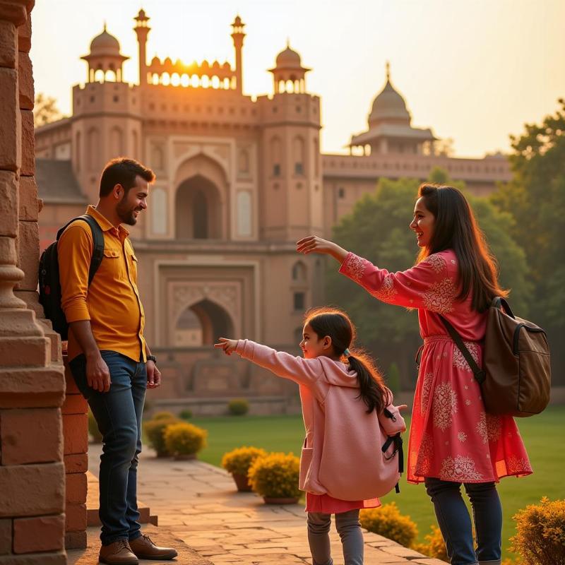 Family exploring a historical site in India