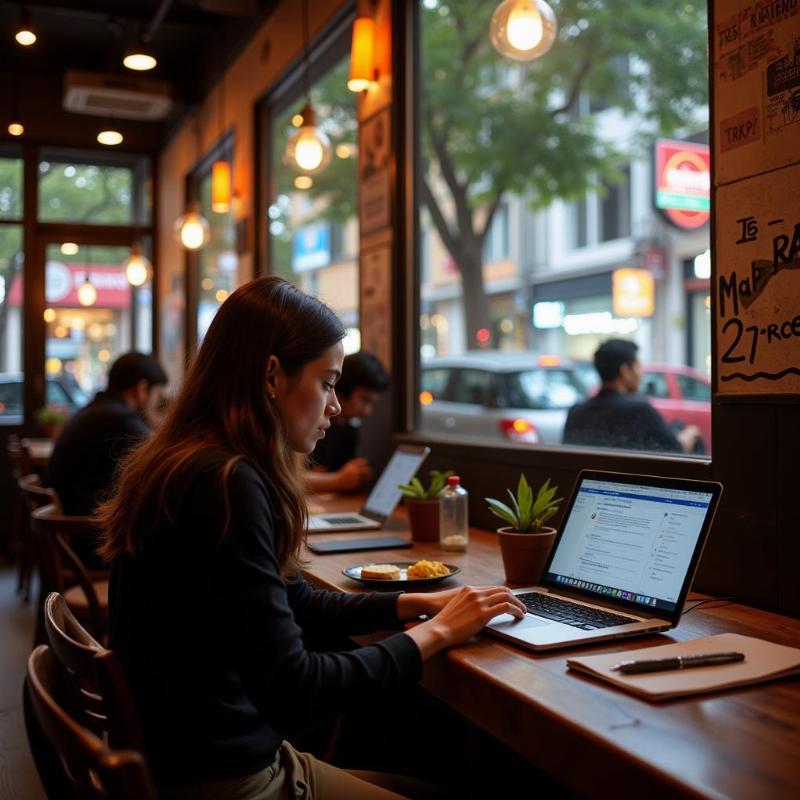 Employee working remotely from a cafe in Bangalore