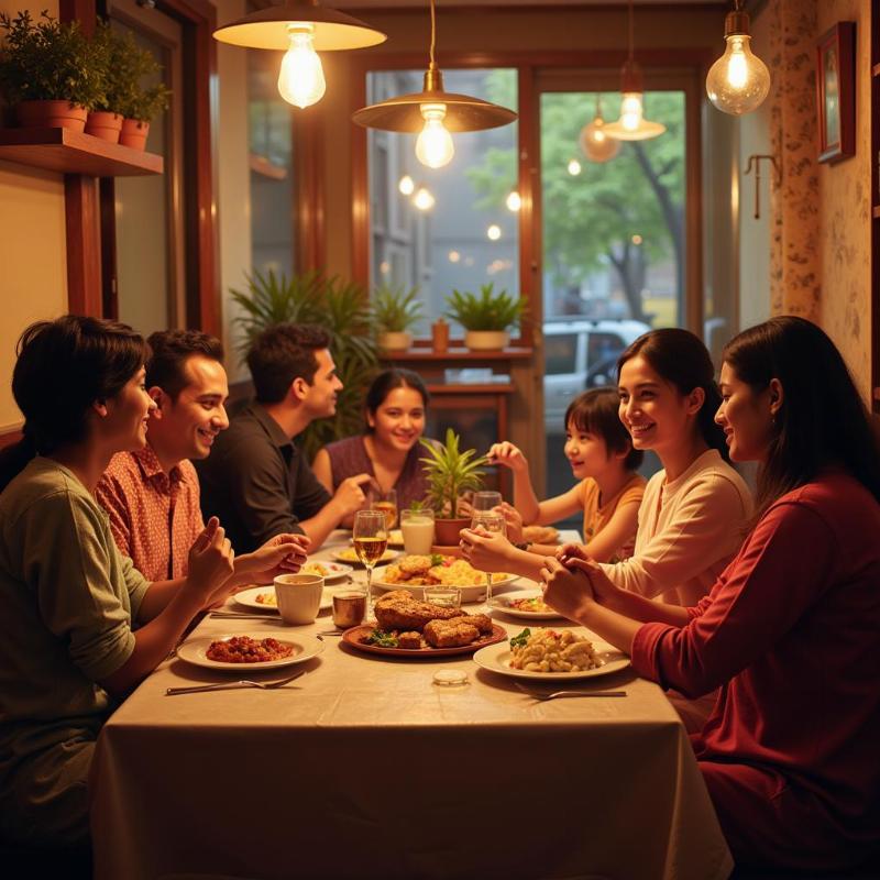 A family enjoying a meal together at a Bengali restaurant in Connaught Place