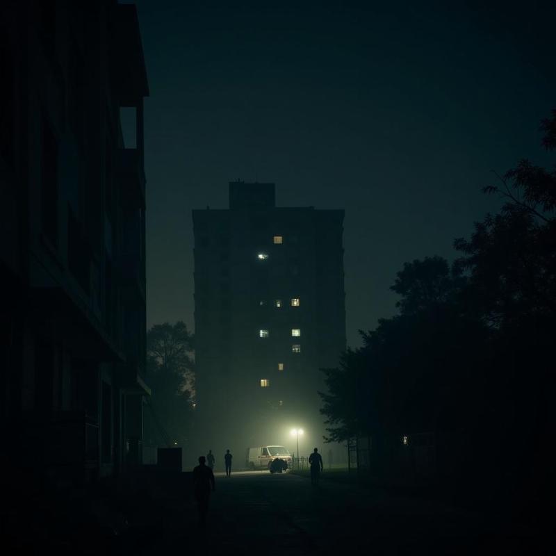 A dimly lit image of the exterior of GP Block, Meerut, at night with a foggy atmosphere.