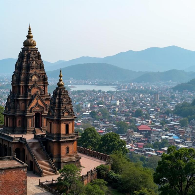 Guwahati City View from Kamakhya Temple: A panoramic view of Guwahati city from the Kamakhya Temple, highlighting the temple's architecture and the surrounding landscape.