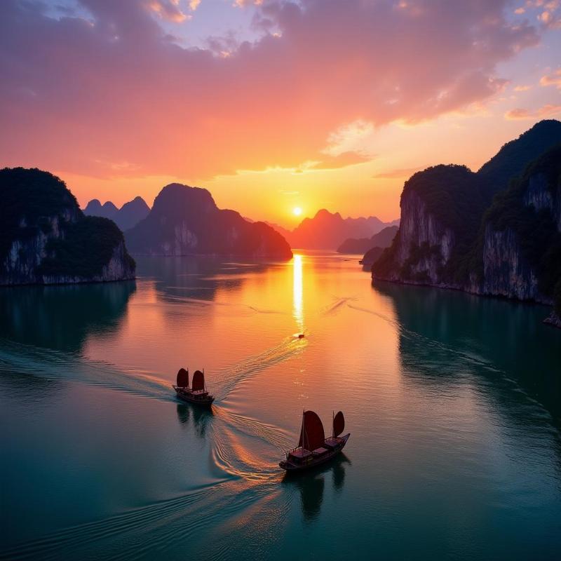 Cruising through Ha Long Bay at Sunset