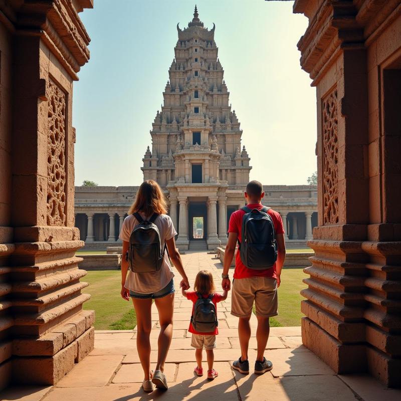 Family exploring Virupaksha Temple in Hampi