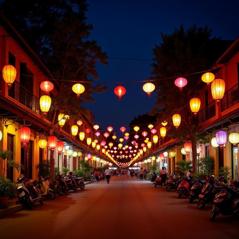 The picturesque streets of Hoi An Ancient Town at night, illuminated by colorful lanterns and bustling with activity.