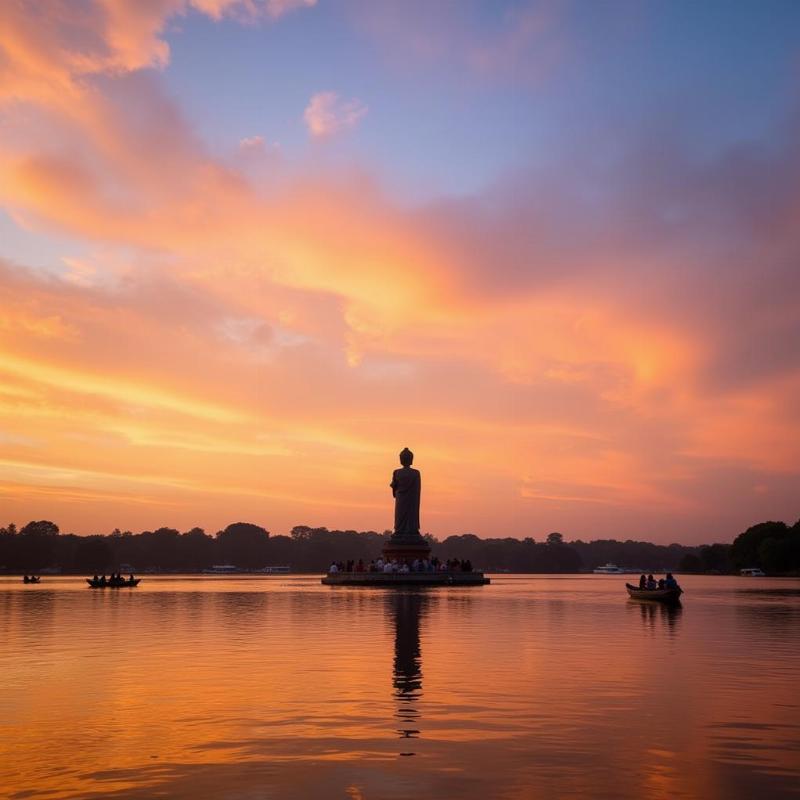 Hussain Sagar Lake at sunset with the Buddha statue in the background