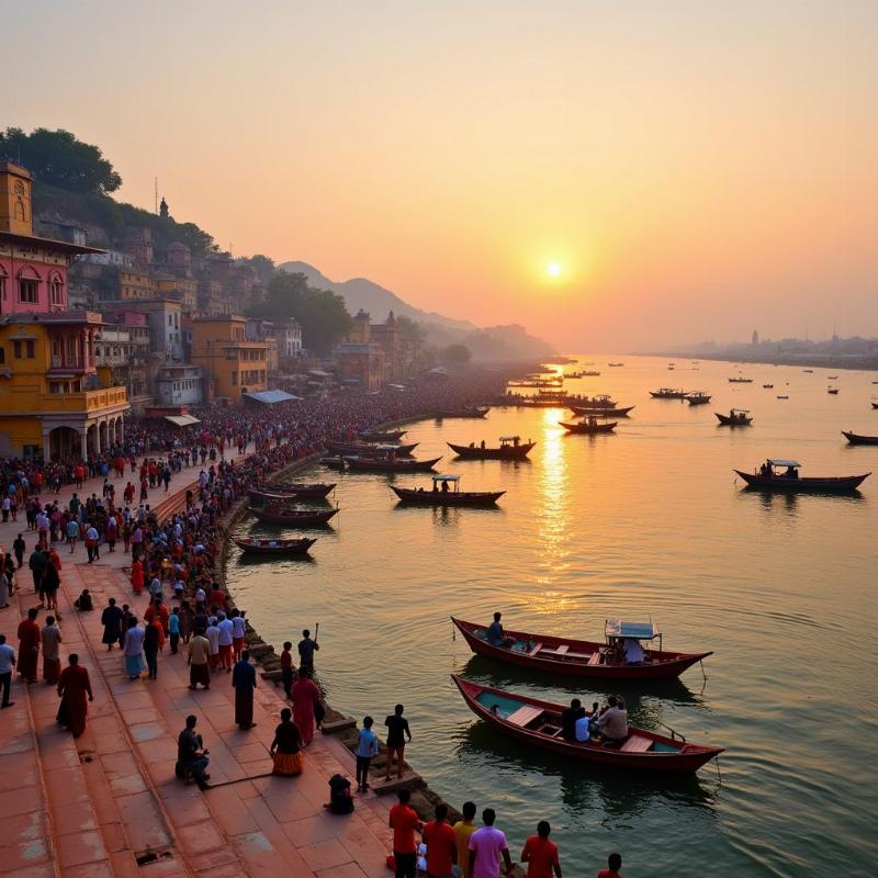 Varanasi Ghats View with Boats and Devotees