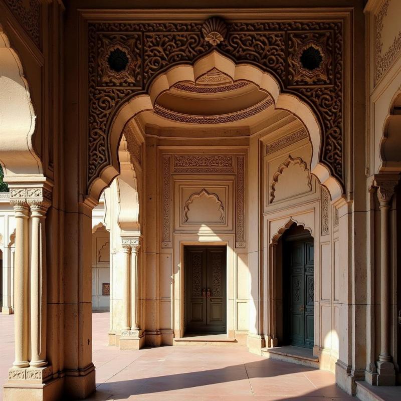 Close-up view of the intricate carvings and details on the walls of Jahangir Mahal