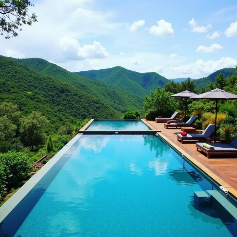 Luxury resort pool in Jowai with a hill view