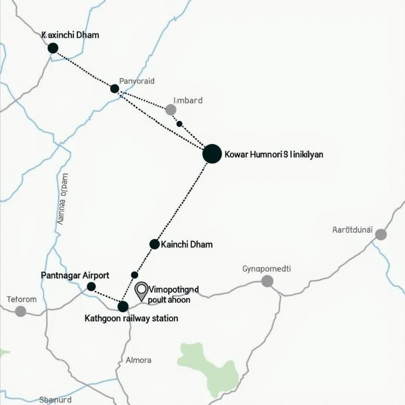 Kainchi Dham location map showing routes and nearby towns