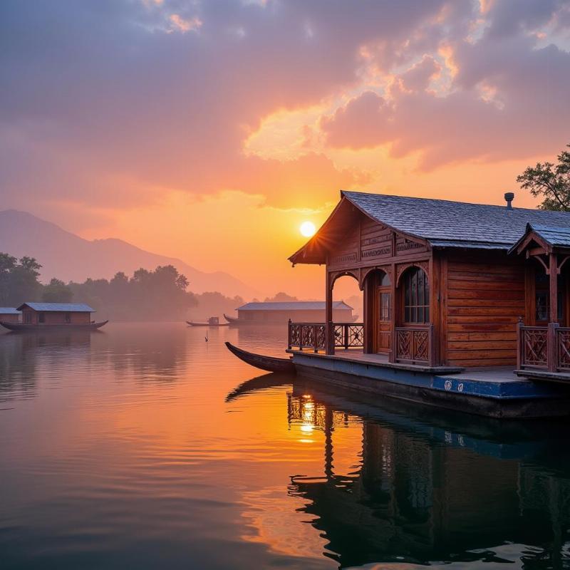 Kashmir Dal Lake Houseboats at Sunset