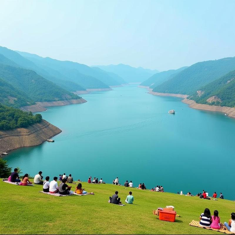 Khadakwasla Dam near Pune, Maharashtra, India: A picturesque view of the dam with surrounding hills and lush greenery, perfect for a weekend getaway.