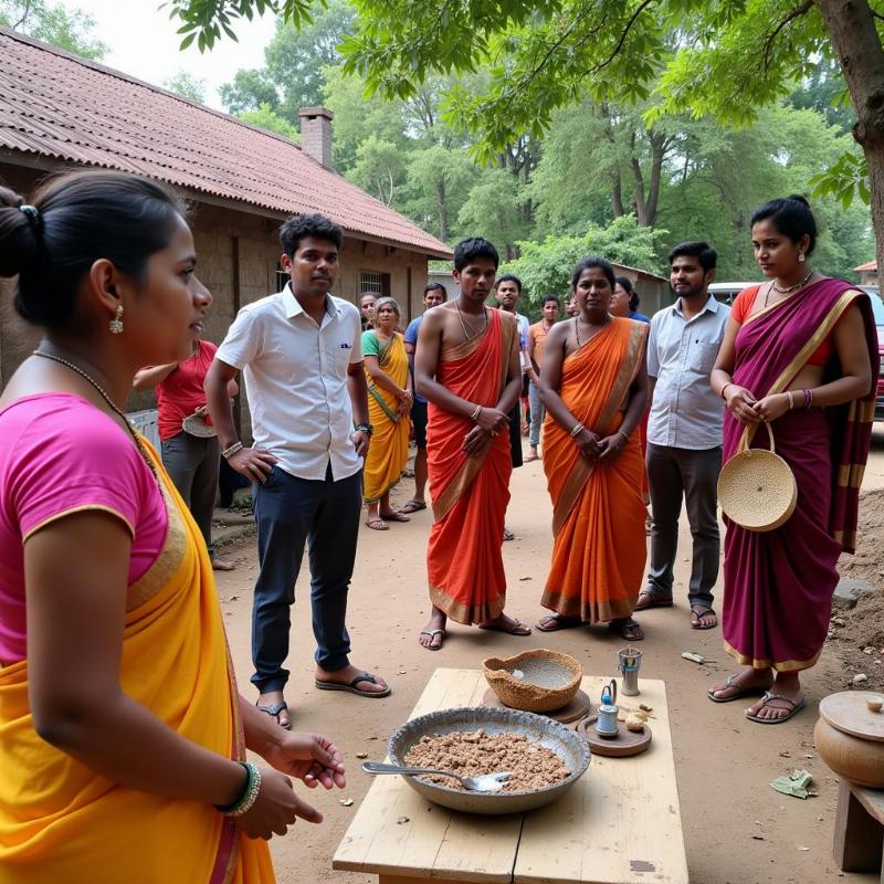 Tourists interacting with locals in a village near Kodikuthimala, learning about local crafts and traditions.