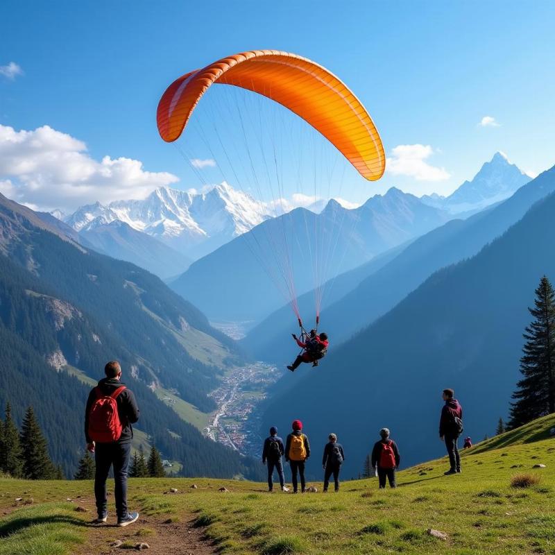 Tourists enjoying paragliding in Kullu Manali with a backdrop of snow-capped mountains.