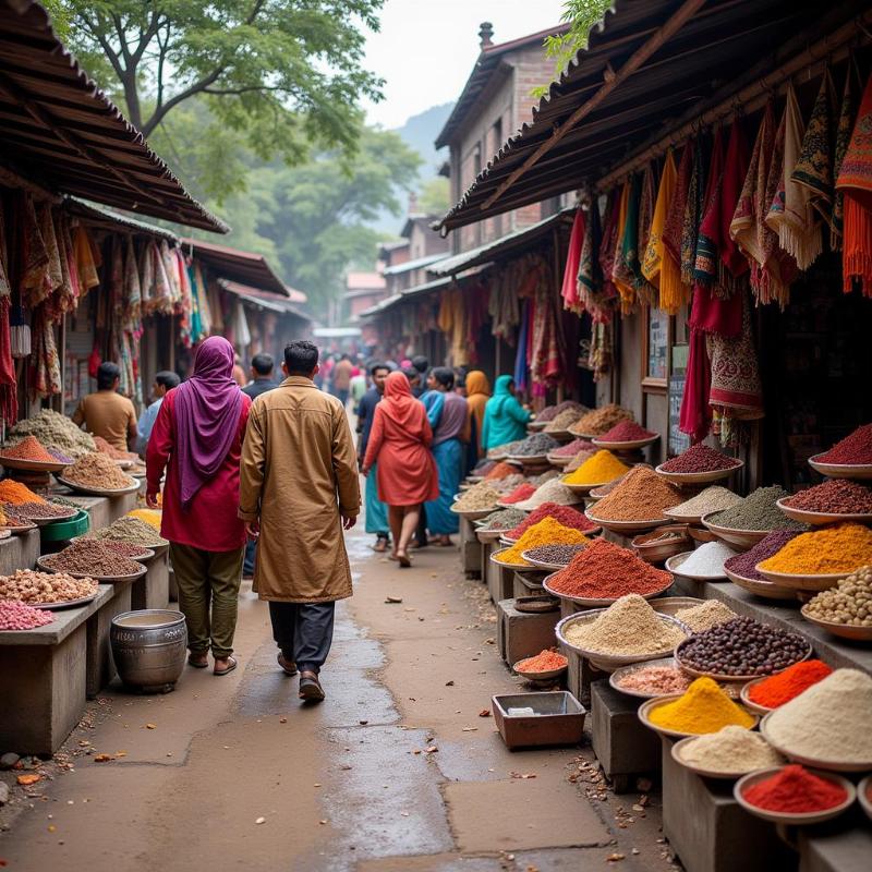 A bustling local market in Kumaon showcasing traditional handicrafts and local produce.