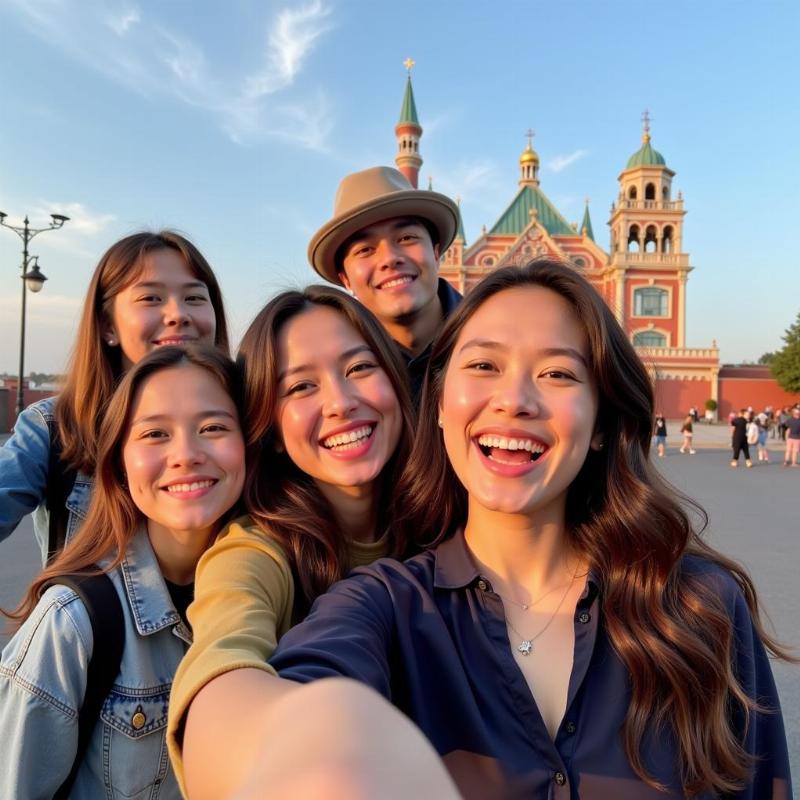 Friends taking photos at a landmark