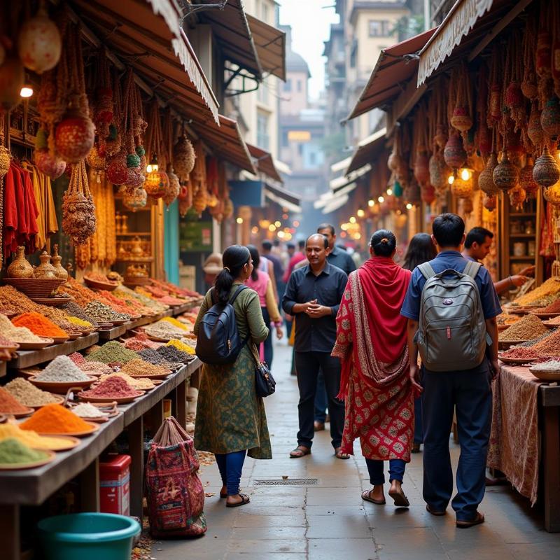 Tourists exploring a vibrant Indian market with Maa Laxmi Travels