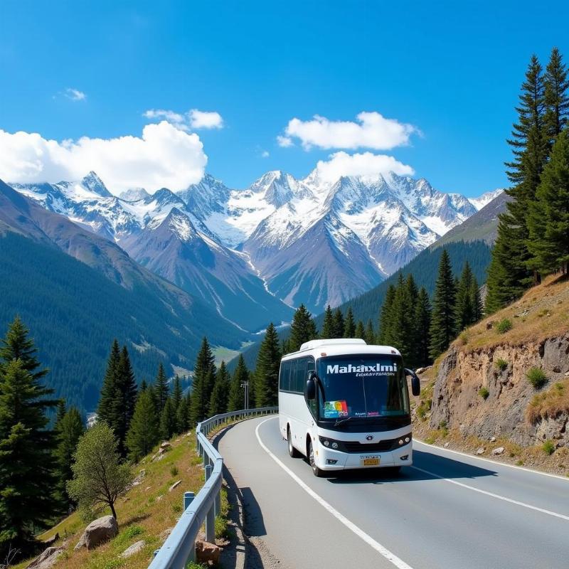 Mahalaxmi Travels bus traversing the scenic Himalayan mountains.