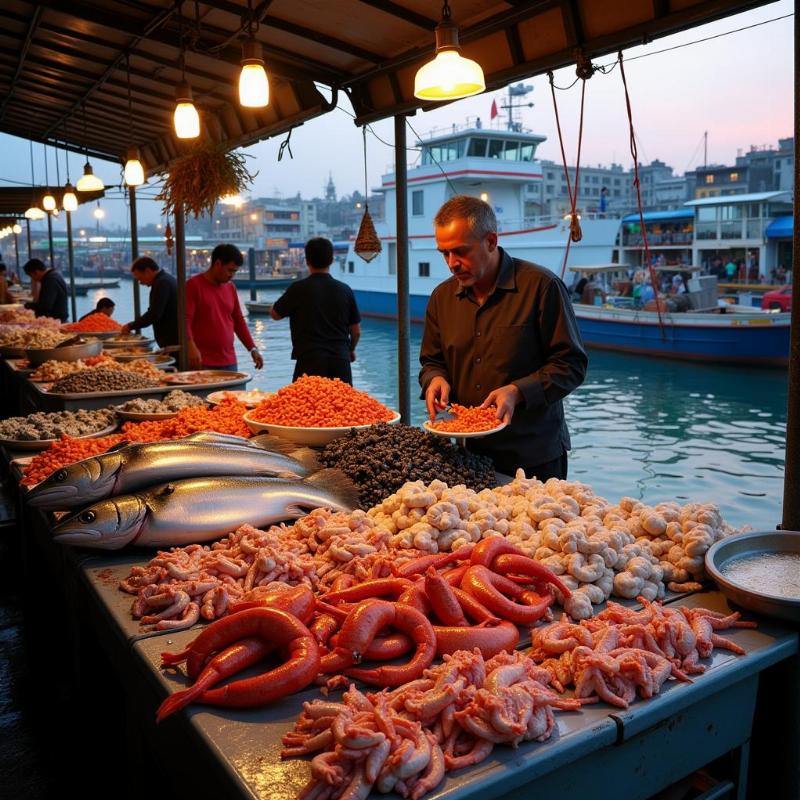 Malpe Fish Market -  A busy scene at the Malpe fish market with fishermen and vendors selling fresh seafood.