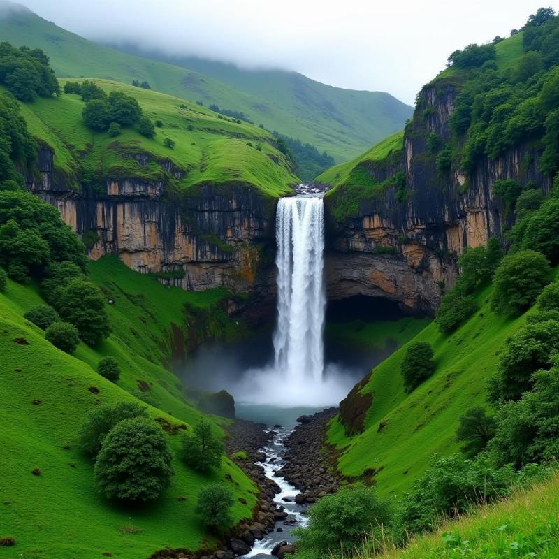 Spectacular waterfall in Malshej Ghat during monsoon season